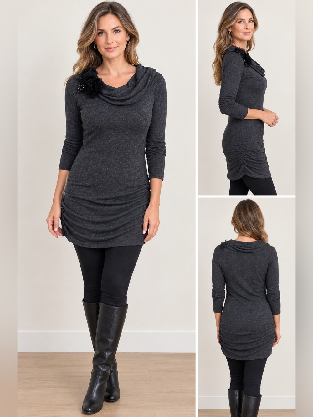 Studio Y Charcoal Grey Cowl Neck Tunic Sweater Dress with Rosette Detail XL